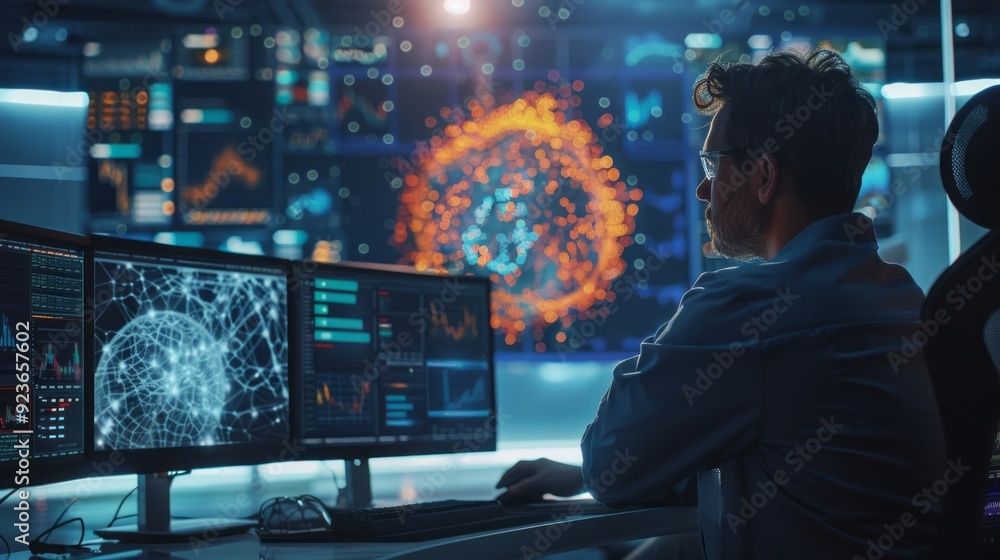 Poster A data scientist deeply focused on analyzing intricate datasets and visualizations in a high-tech workspace filled with glowing screens