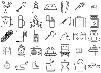 A Collection Of Camp Line Icon Set Icons Web Header Banner Design Containing Camp,Location,Hood,Gps,Direction Vector Illustration Linear Pictogram Pack