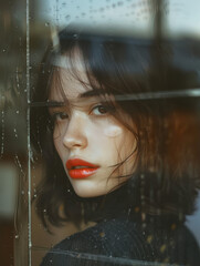 Young Woman with Red Lipstick Looking Through Rain-Spattered Window