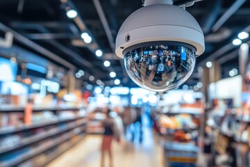 Close-up view of a dome surveillance camera monitoring a busy retail store
