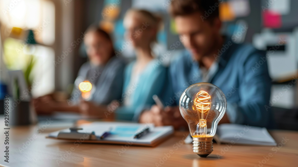 Poster illuminated lightbulb on a table foregrounds a brainstorming session with blurred people in the back