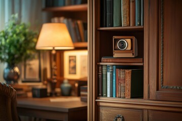 Hidden surveillance camera disguised among books on a wooden bookshelf in a cozy study