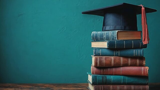 A graduation cap rests atop a stack of books on a wooden table with a textured green backdrop.