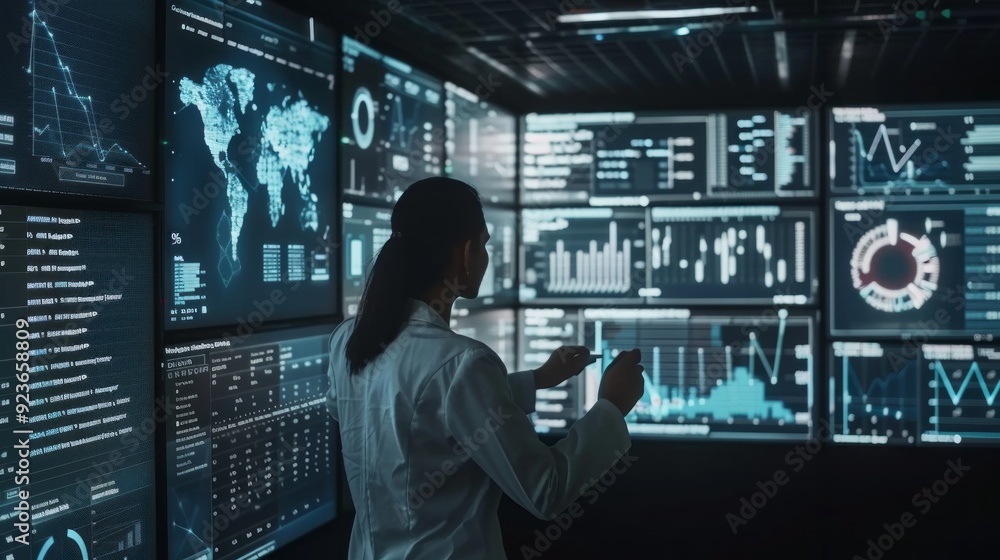 Poster A dedicated analyst interacts with numerous data visualizations, exploring insights in a cutting-edge analytical environment during twilight hours