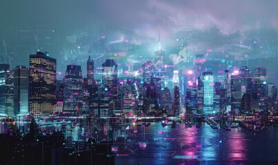 Fototapeta premium Urban skyline fractured by glitch effects, digital distortion in city lights and architecture