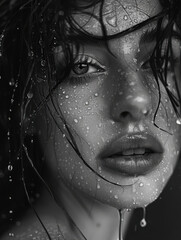 Portrait of a Young Woman with Water Droplets on Face