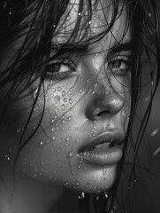 Close-Up Portrait of a Young Woman with Raindrops on Face in Black and White