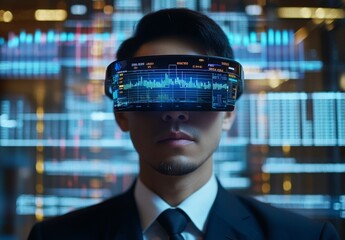 businessman wearing augmented reality glasses that overlay data points, stock prices, and market trends onto the environment
