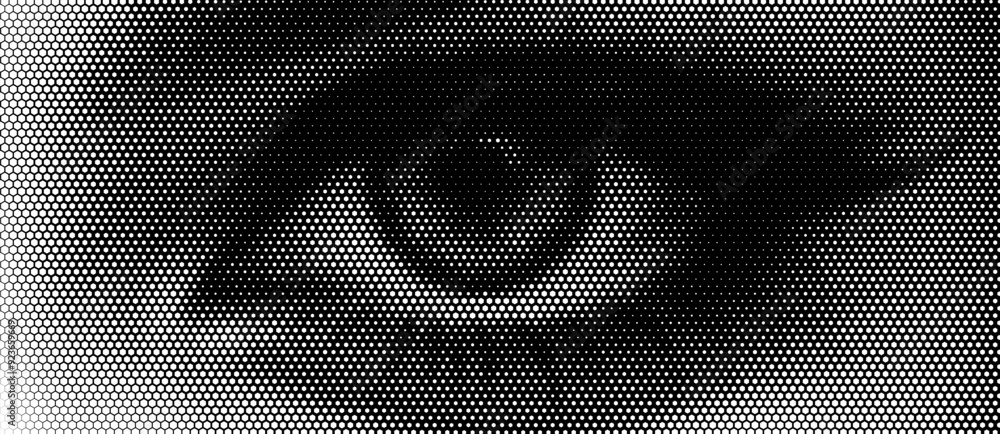 Poster vector illustration of a human eye made using a halftone hexagon pattern.
