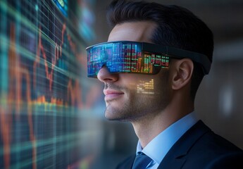 businessman wearing augmented reality glasses that overlay data points, stock prices, and market trends onto the environment