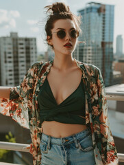 Stylish Young Woman in Floral Kimono and Sunglasses in Urban Setting