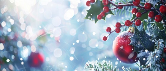 Merry Christmas holiday celebration greeting card - close up of red bauble ornament and holly ( ilex ) leaves with red berries, blue sky with snowflakes in background