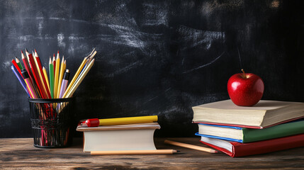 Back-to-school concept with a close-up of a school desk featuring stacked books, a red apple, and a pencil holder against a chalkboard background. Perfect for educational themes, classroom settings, o