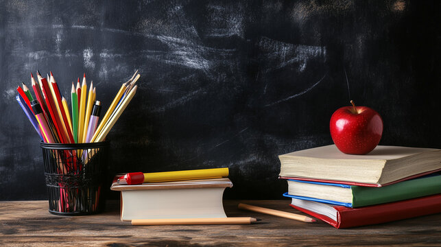Back-to-school concept with a close-up of a school desk featuring stacked books, a red apple, and a pencil holder against a chalkboard background. Perfect for educational themes, classroom settings, o