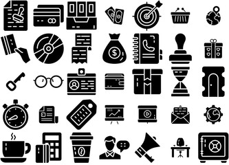 Set Of Linear Business And Finance Glyph Icons Icons Silhouette Vector Logo Design Containing Timer,Building,Statistics,Timepiece,Identity Outline Icons Collection. Simple Vector Illustration