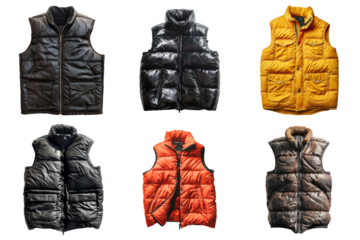 Six Different Colored Vests on a White Background