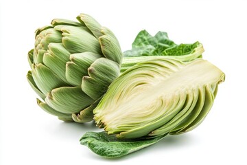 Fresh green artichokes are shown with the inner leaves cut away. The vibrant green color is ideal for health food concepts. Perfect for culinary uses. Generative AI
