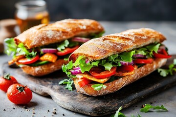 Obraz premium Two Freshly Made Sandwiches with Tomato, Onion, and Lettuce