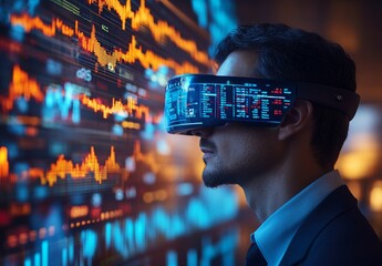 businessman wearing augmented reality glasses that overlay data points, stock prices, and market trends onto the environment