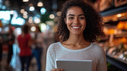 A cheerful woman engages with her tablet in a lively grocery environment