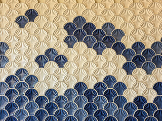 Shell shaped blue and white tiles 