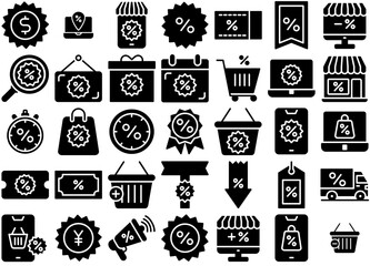 Set Of Linear Black Friday Glyph Isolated Silhouette Solid Icons With Cyber-Monday,Discount,Percentage,Online-Shop,Black-Friday Infographic Simple Vector Illustration Logo