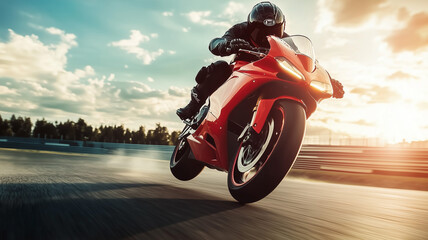 A superbike in mid-air during a jump on a circuit track, with the rider's determination and the power of the bike evident. Ai generated