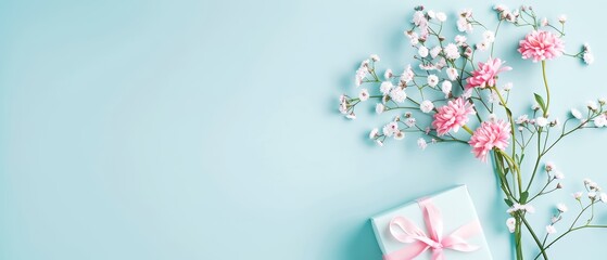 Delicate pink flowers and a gift box on a pastel blue background. Perfect for celebrations and special occasions.