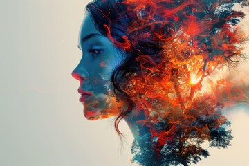 Fototapeta premium A stunning piece of artwork showing a human profile intertwined with vibrant, fiery elements and tree branches, symbolizing the fusion of humanity and nature's energy and transformation.