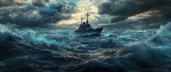An evocative image of a naval ship navigating through turbulent seas beneath ominous, cloudy skies, a representation of endurance and determination in overcoming natural forces.