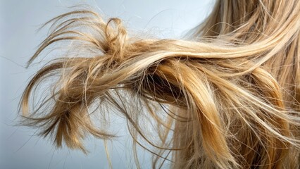Frayed, brittle, and broken strands of hair with visible split ends and rough, uneven texture, revealing signs of neglect and excessive heat styling damage.