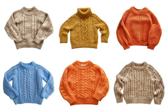 Six Different Colored Cable Knit Sweaters Laying Flat