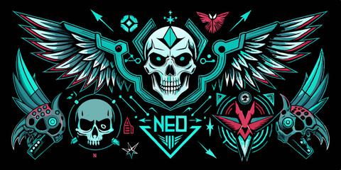 Neo tribal gothic tattoo set, retro futuristic cyber symmetry shapes, vector dark y2k wings, bones. Metal music cover print, alien surreal illustration, skull, stars grunge clipart. Neo tribal symbol