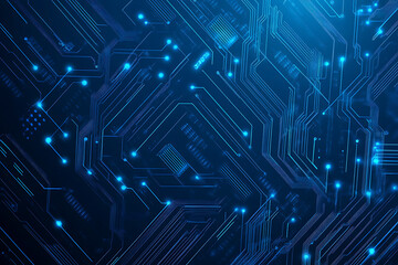 Vector illustration of a blue circuit board background featuring abstract digital tech patterns, with ample space for text or titles.
