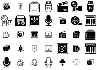 Mega Set Of Vector Audio Video Icons Web Header Banner Design Containing Video,Multimedia,Storage,Song,Music Vector Illustration Linear Pictogram Pack