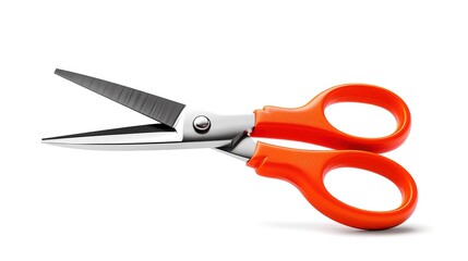 Sharp scissors with bright orange handle on white background, essential tool for cutting paper, fabric, and various materials.