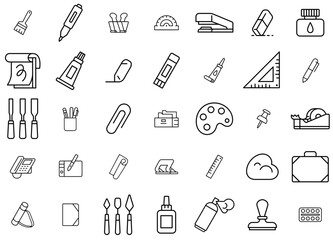 Set Of Art School Office Supplies Vector Symbols Apps, Websites Ui Designs Suitable For Art,Writing,Office,Stationery,Drawing Solid Icon Collection. Vector Illustration