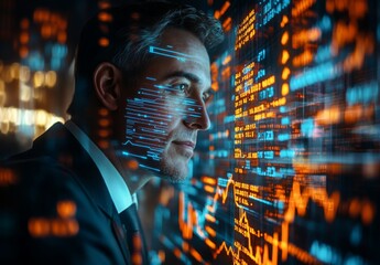 businessman surrounded by holographic stock tickers and data streams, representing automated trading algorithms at work