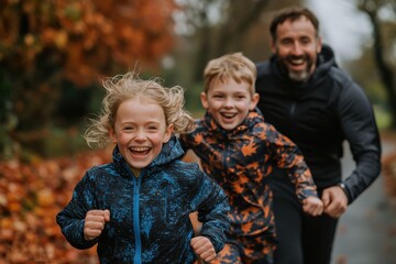 A joyful dad runs with his energetic children through a picturesque autumn park, capturing the essence of family fun and physical activity amidst colorful fall foliage.