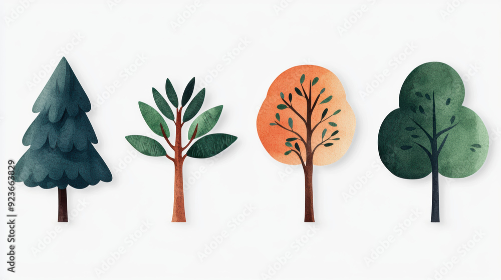 Poster illustration of four different trees with various foliage and colors, showcasing distinct shapes and