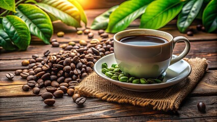 Freshly brewed coffee cup sits beside a vibrant bunch of green beans on a rustic wooden table, evoking a sense of morning serenity.