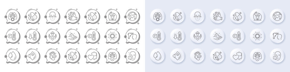 Low thermometer, Vaccine protection and Electronic thermometer line icons. White pin 3d buttons, chat bubbles icons. Pack of Lungs, Medical mask, Wash hands icon. Vector