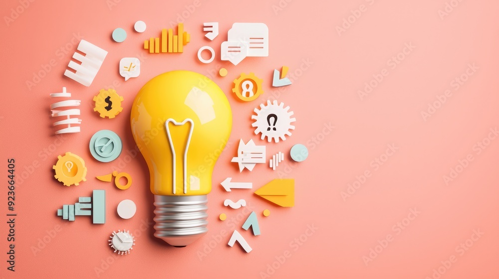 Poster illuminating progress: 3d light bulb with upward arrows - idea-driven growth concept in flat design 