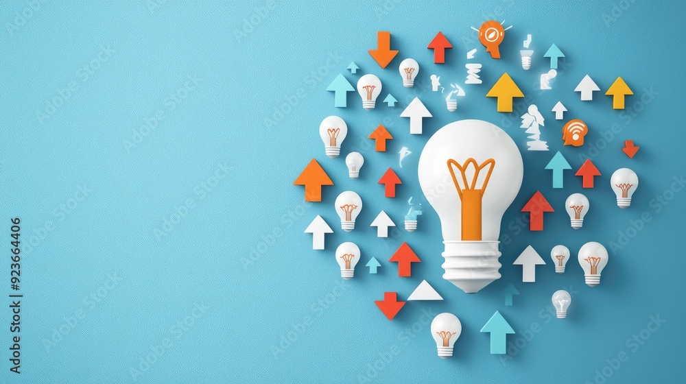 Poster illuminating innovation: digital 3d light bulb with upward arrows symbolizing idea-driven growth and