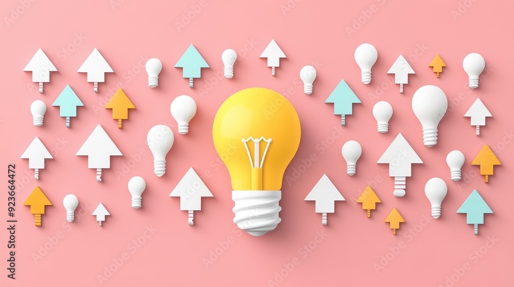 Aufkleber illuminating progress: 3d light bulb surrounded by upward arrows in flat design â€“ idea-driven grow