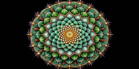 Abstract peyote cactus mandala isolated on black background, spiritual, psychedelic, sacred, hallucinogenic