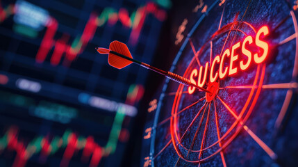 Red dart hitting a bullseye with success written on it, representing achievement in business and finance with stock market chart in the background.