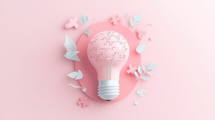Illuminating Solutions: 3D Light Bulb with Puzzle Pieces Symbolizing Problem Solving and Growth in Flat Design Illustration, Generative Ai