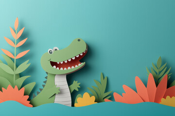 Obraz premium Colorful paper craft illustration of a smiling cartoon alligator surrounded by vibrant tropical plants on a blue background.