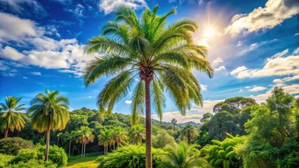 Palm tree standing tall above lush vegetation on a sunny day, tropical, tranquil, nature, sunny, oasis, serene, greenery